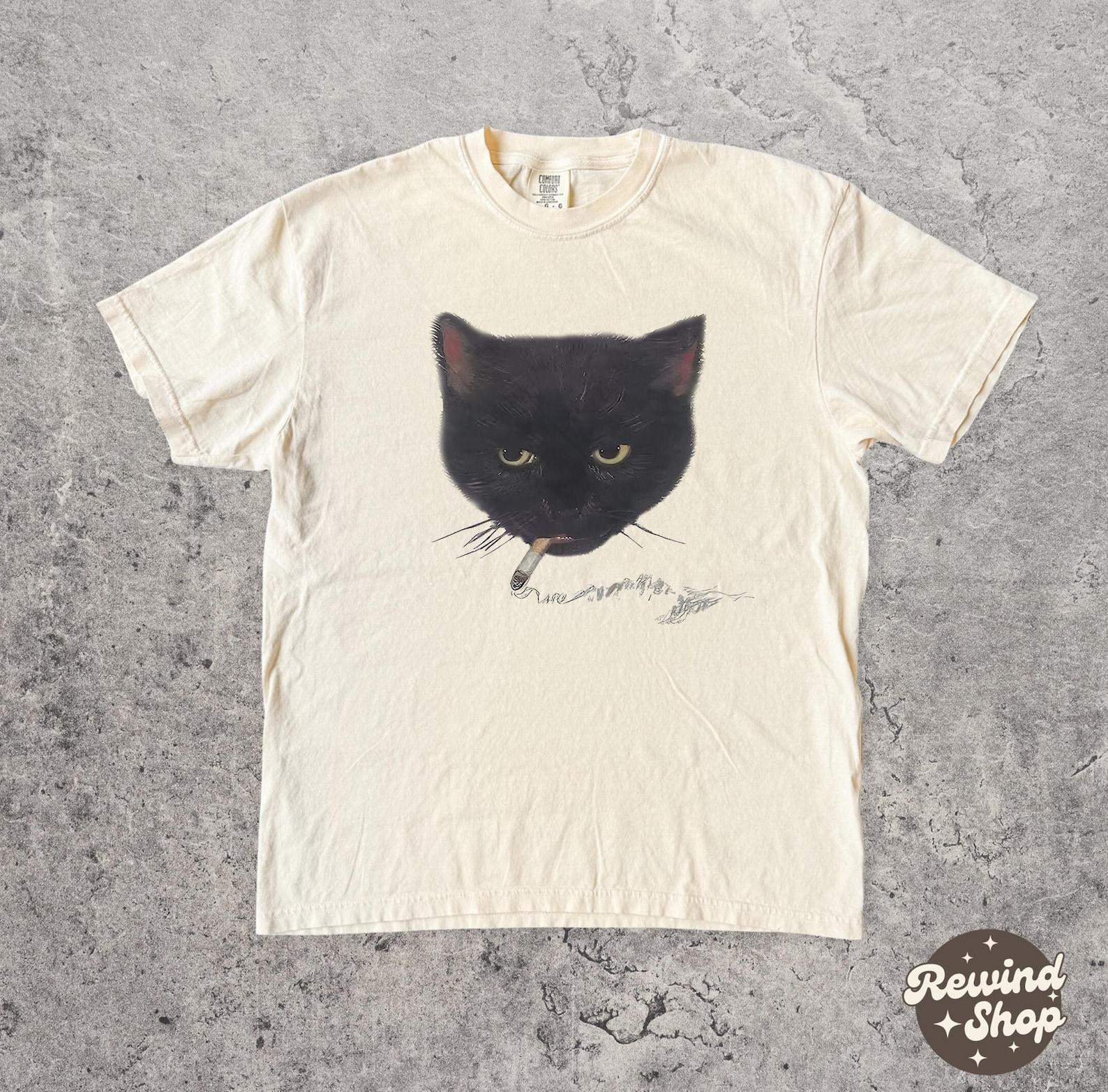 Black Cat Smoking Tshirt, y2k Kitty Graphic Tee, Vintage Cat Comfort Colors alt Clothing S