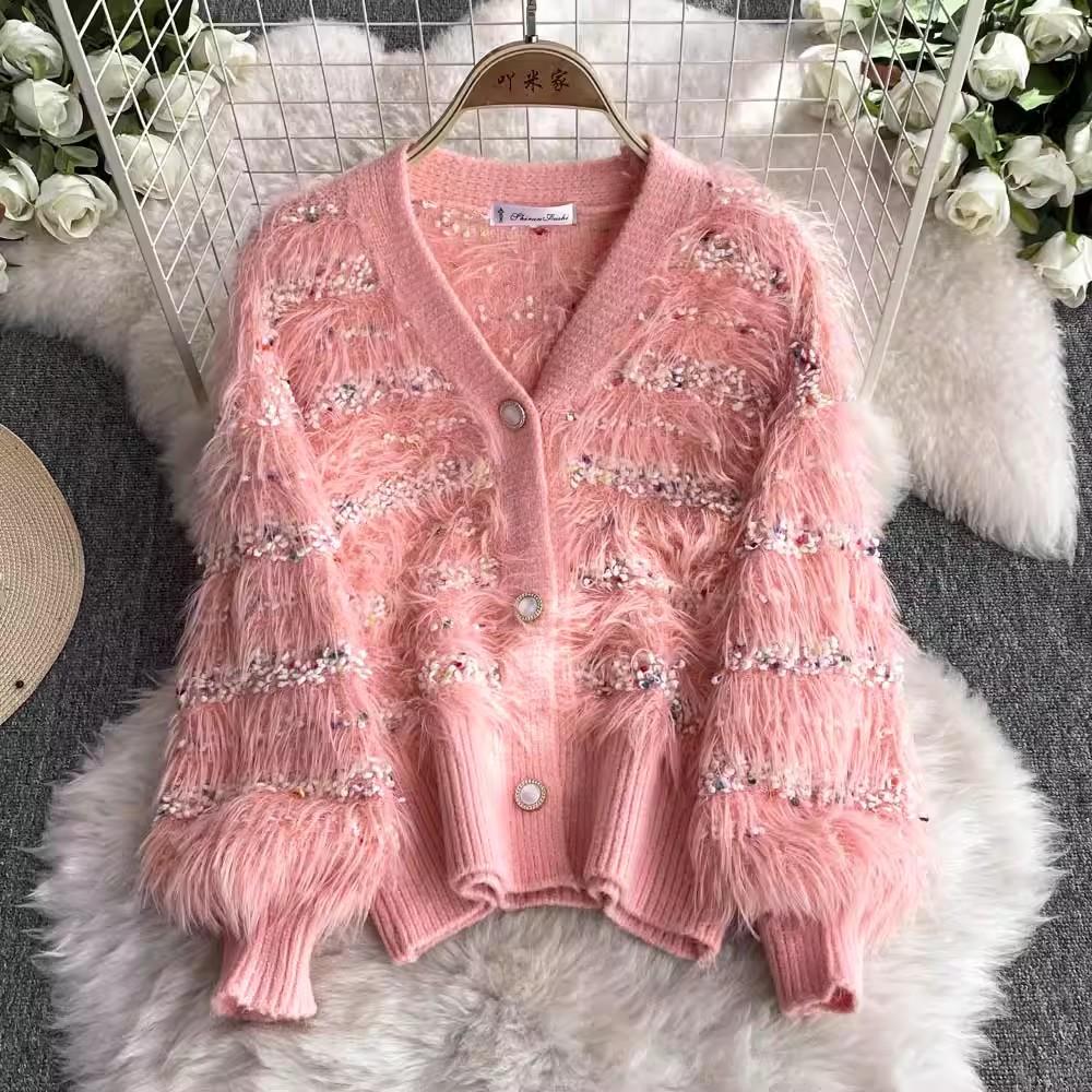 Autumn Winter Women Two Piece Set Small Fragrant V Neck Furry Knit Cardigan Sweater Coat And Sequined Cascading Mesh Long Skirt Suit
