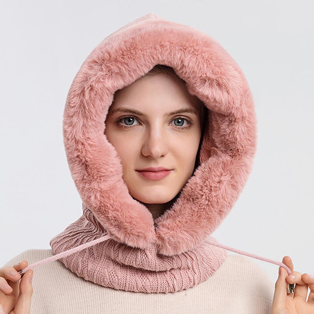 Winter Fur Cap Mask Set Hooded For Women Knitted Cashmere Thick Hat Windproof Warm Fluffy Beani I2L1