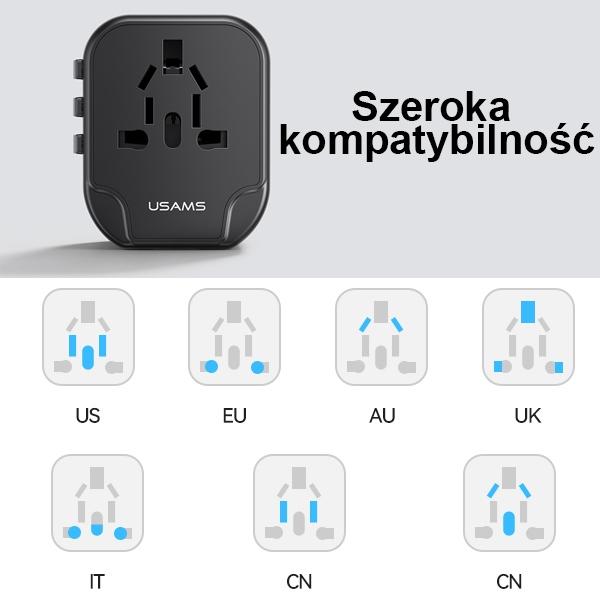 Usams Adapter Siec. 2Xusb T55 12W4W1 Us/Au/Eu/Uk Czarny/Black Cc173Tc01 (Us-Cc173) Univesal Travel Charger