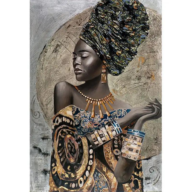 African Art Black and Gold Woman Oil Painting On Canvas Picture for Living Room Contemplator Posters and Prints Scandinavian