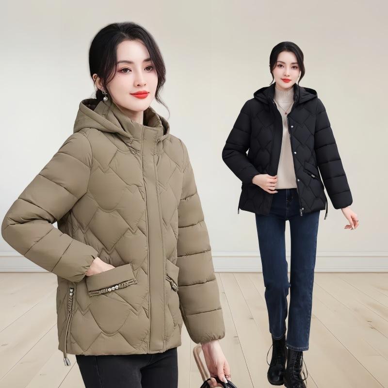 Women's Autumn and Winter Plus Size Loose Warm Short Hooded Zip Jacket Solid Colour Simple and Versatile Outerwear