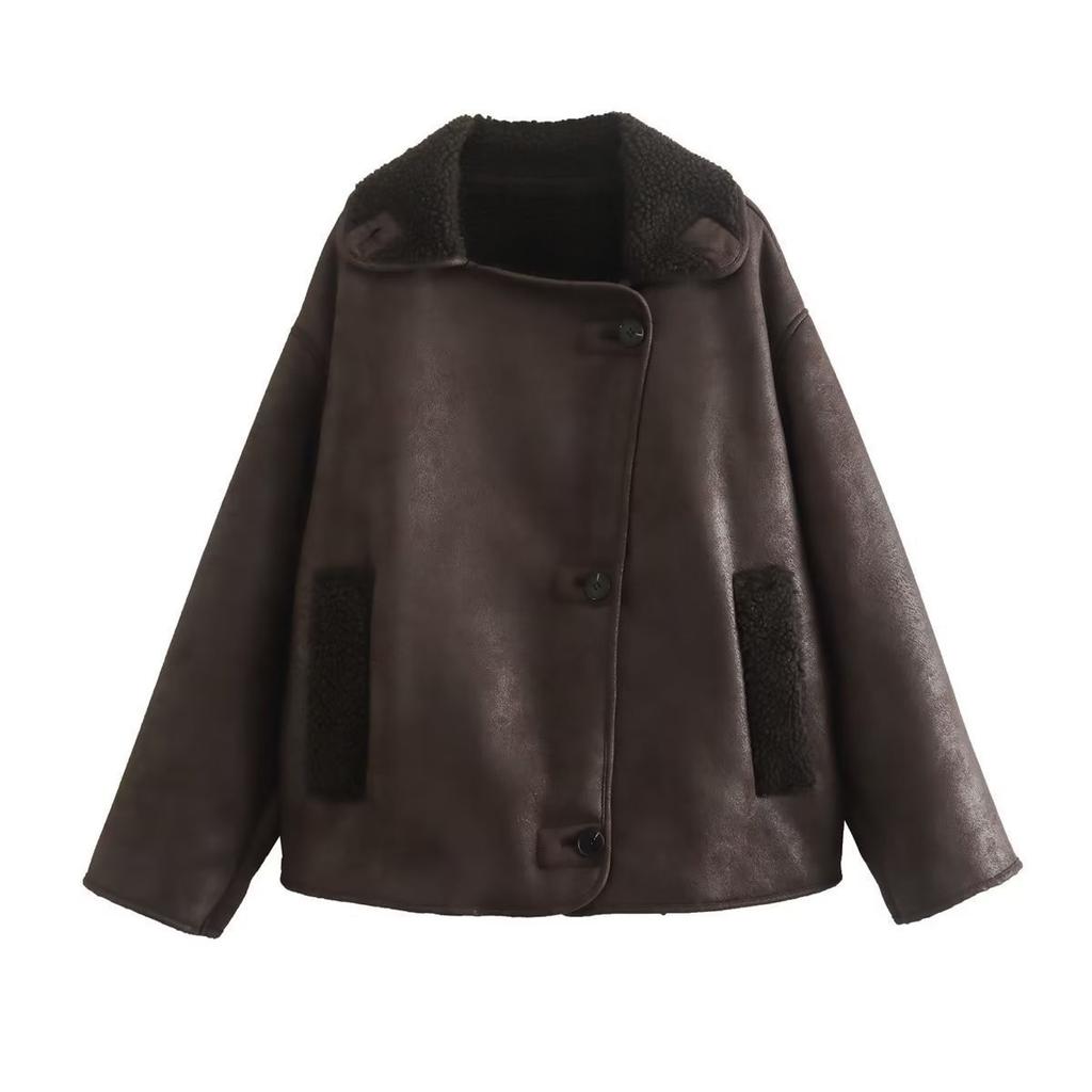 Women's Dark Brown Short Shearling Jacket, Faux Leather Trim Outerwear
