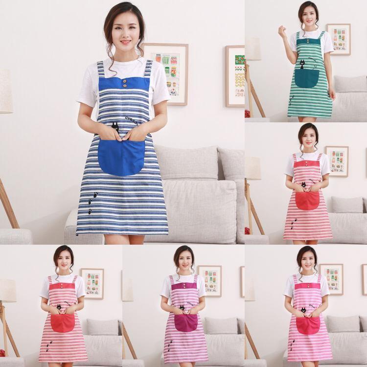 New Cute Home Womens Kitchen Restaurant Bib Cooking Aprons Pockets Striped Apron