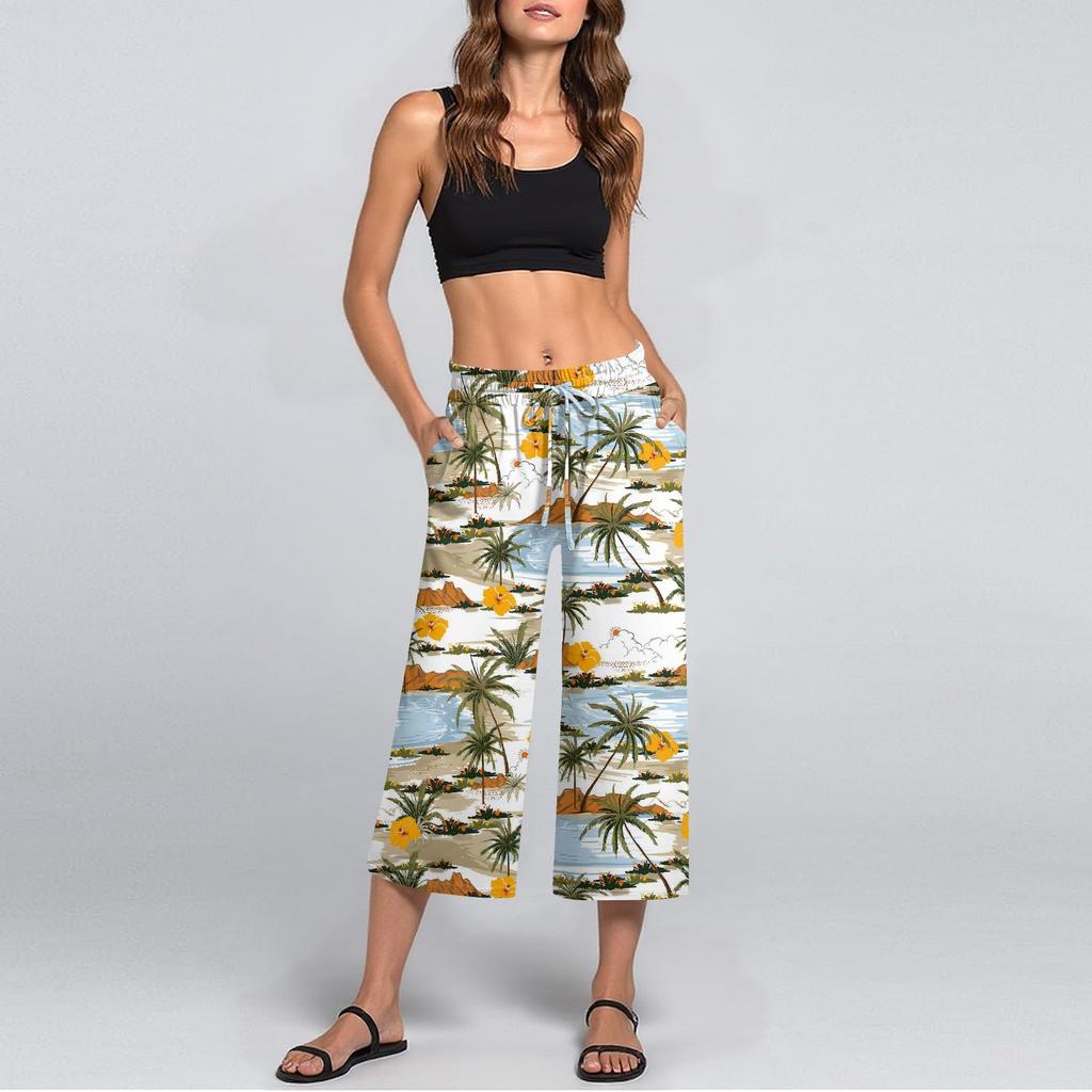 Pantalon d'été pour femme à taille haute, imprimé, décontracté, sportswear, pantalon court décontracté, pantalon ample