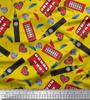 Soimoi Japan Crepe Satin Fabric Bus,Telephone Booth & London Clock Tower Architectural Print Sewing Fabric Metre 42 Inch