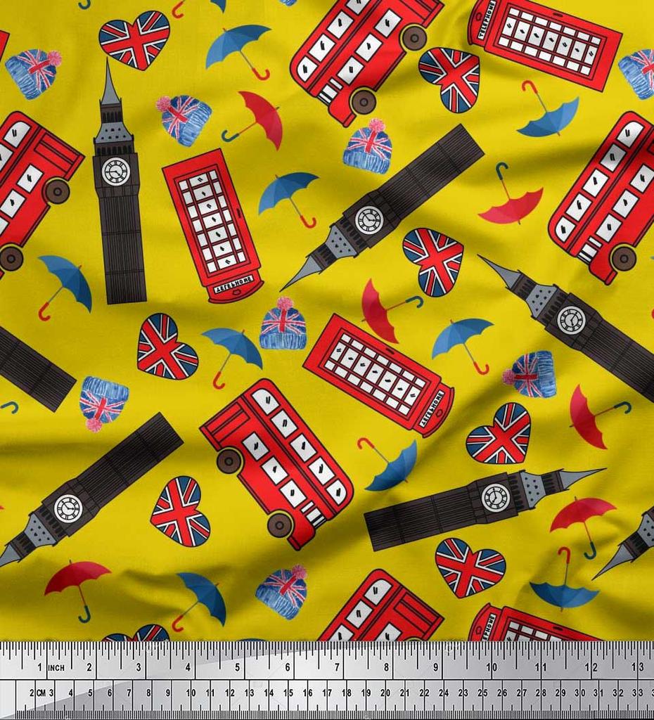 Soimoi Japan Crepe Satin Fabric Bus,Telephone Booth & London Clock Tower Architectural Print Sewing Fabric Metre 42 Inch