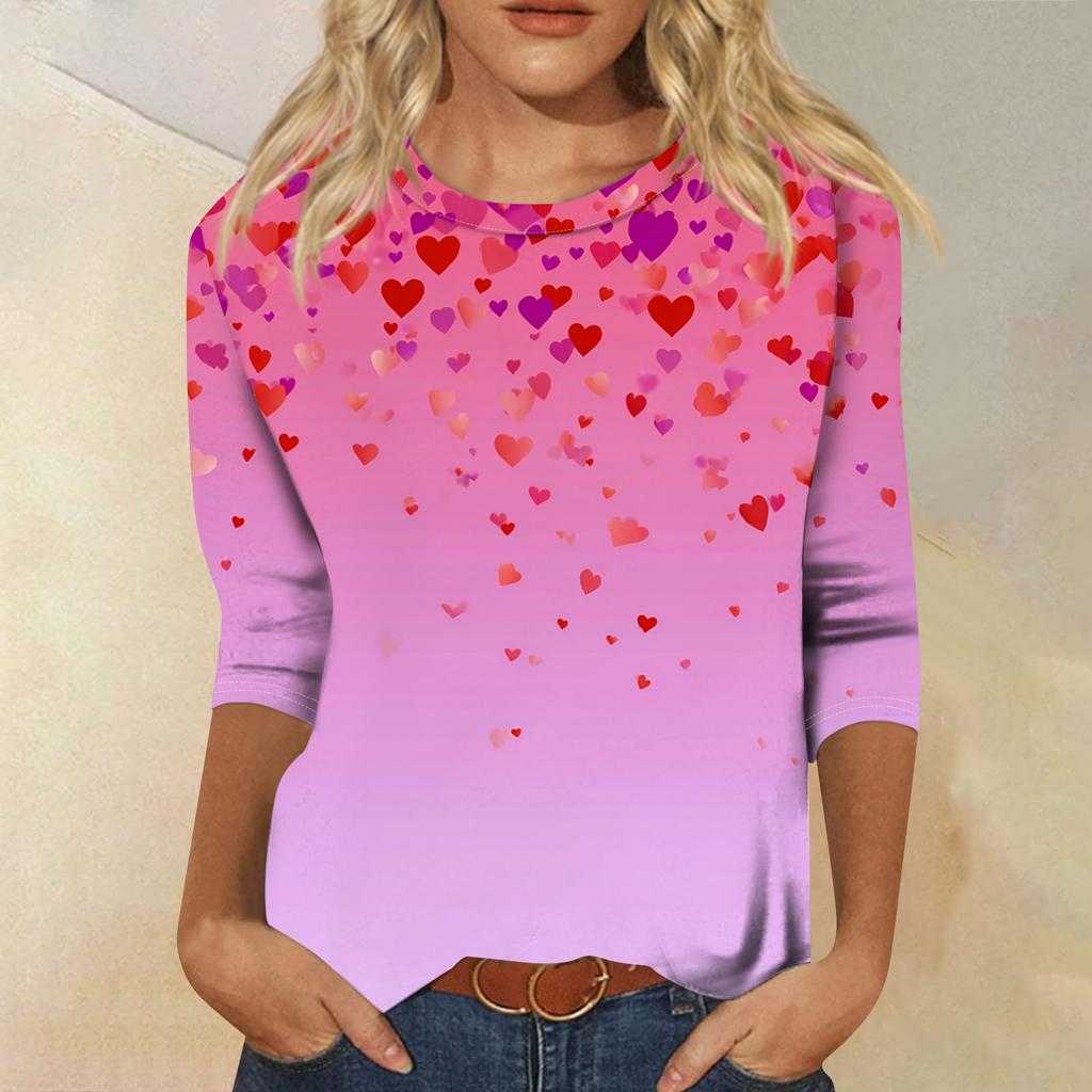 Damen Modisches Lässiges Dreiviertelarm Valentinstag-Druck Rundhals Pullover-Oberteil