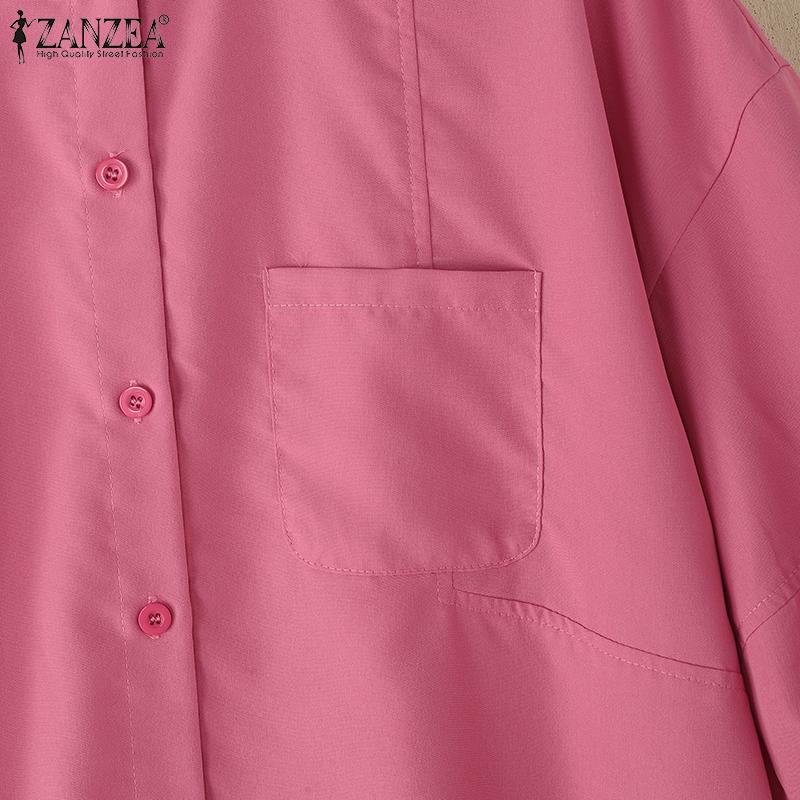 ZANZEA Women Casual Round Neck Loose 3/4 Sleeve Plain Blouse