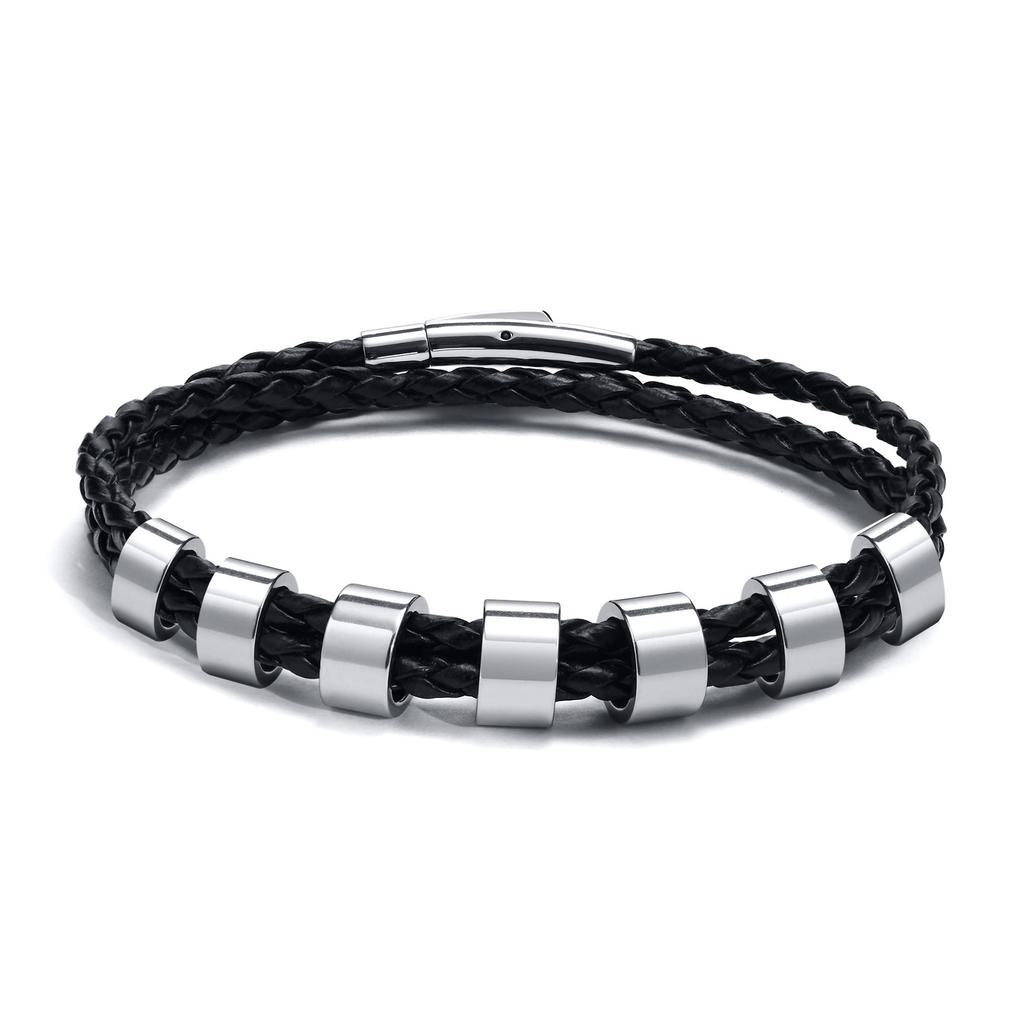 Vnox Free Custom Name Mens Braided Genuine Leather Bracelet Gifts Jewelry,Stainless Steel Beads Charm with Family Names,Dad Gift