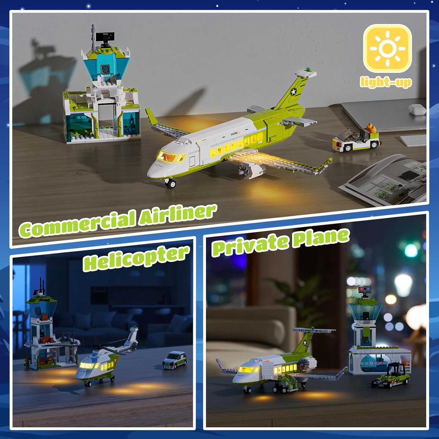 3 in 1 City Passenger Airplane Building Sets with LED Light, 684 PCS Toy Plane Building Blocks with Airport Terminal, Luggage Cart, Aircraft Tug