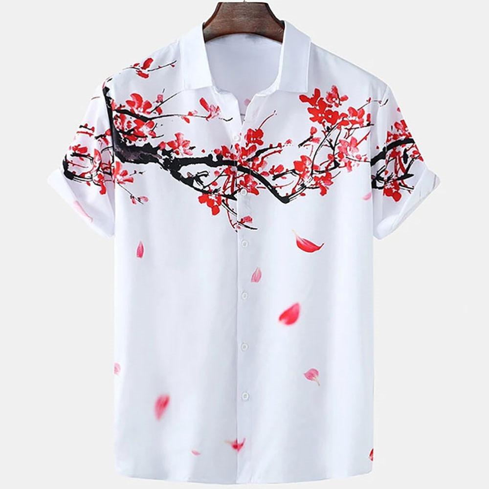 Japanese Flower Bird Print Fashion Men's Shirt Hawaiian Blouse Casual Loose Breathable Short Sleeve Outdoor Street Men's Clothes