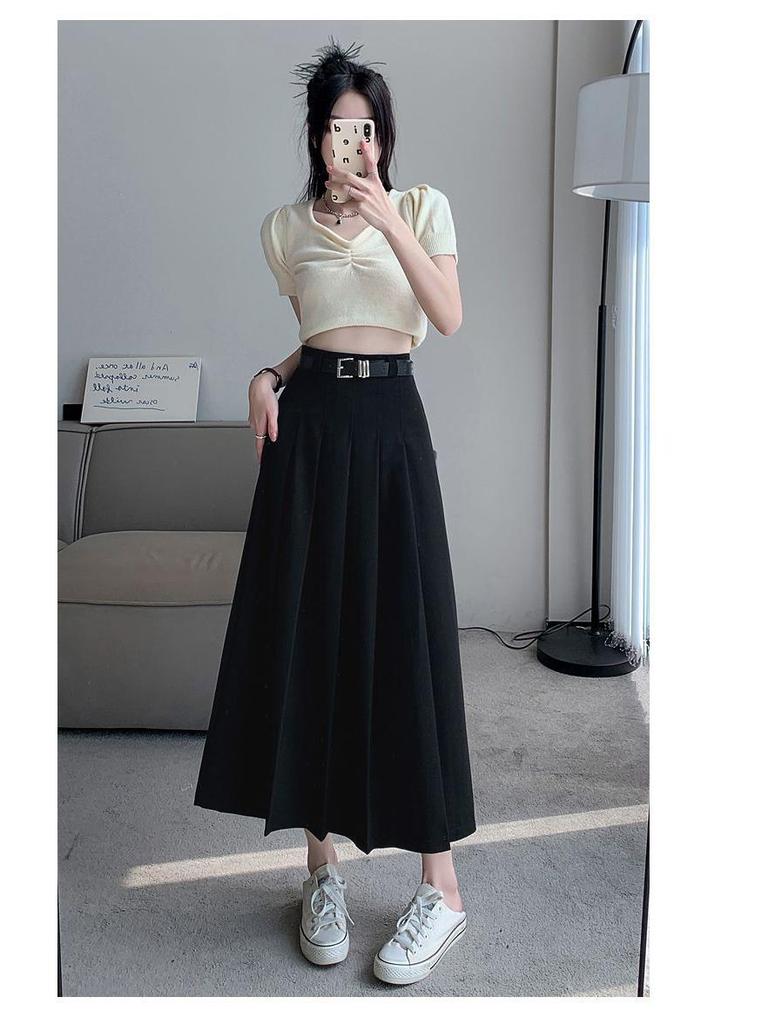 High-Grade Pleated Grey Skirt for Petite Women - High Waist, Mid-Length, Spring & Autumn 2025