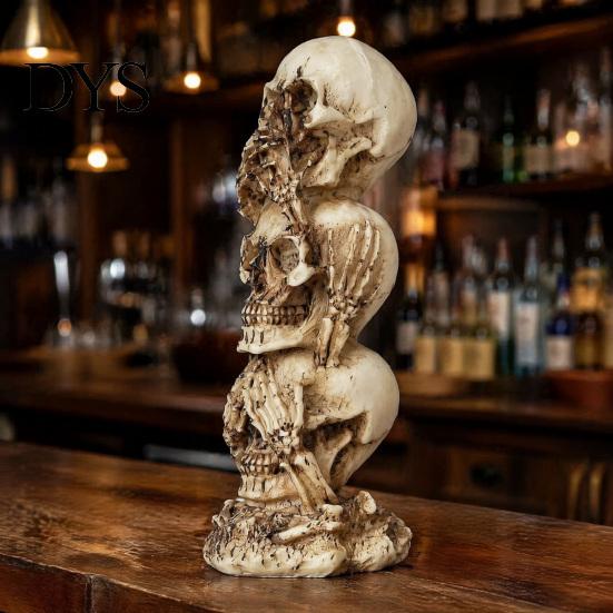 Decorative Bone Sculpture Stacked Skull Heads Statue, Gothic Resin Figurine, See Speak Halloween Table Ornaments Hear No Evil Skulls for Decoration