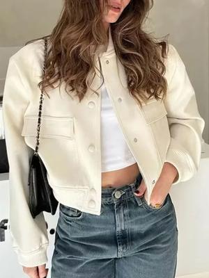 2024 elegante Solide Street Jacke Frauen Lange Hülse Taste Schlank Abgeschnitten Mantel Weibliche Taschen Design Casual Chic Tops Neue