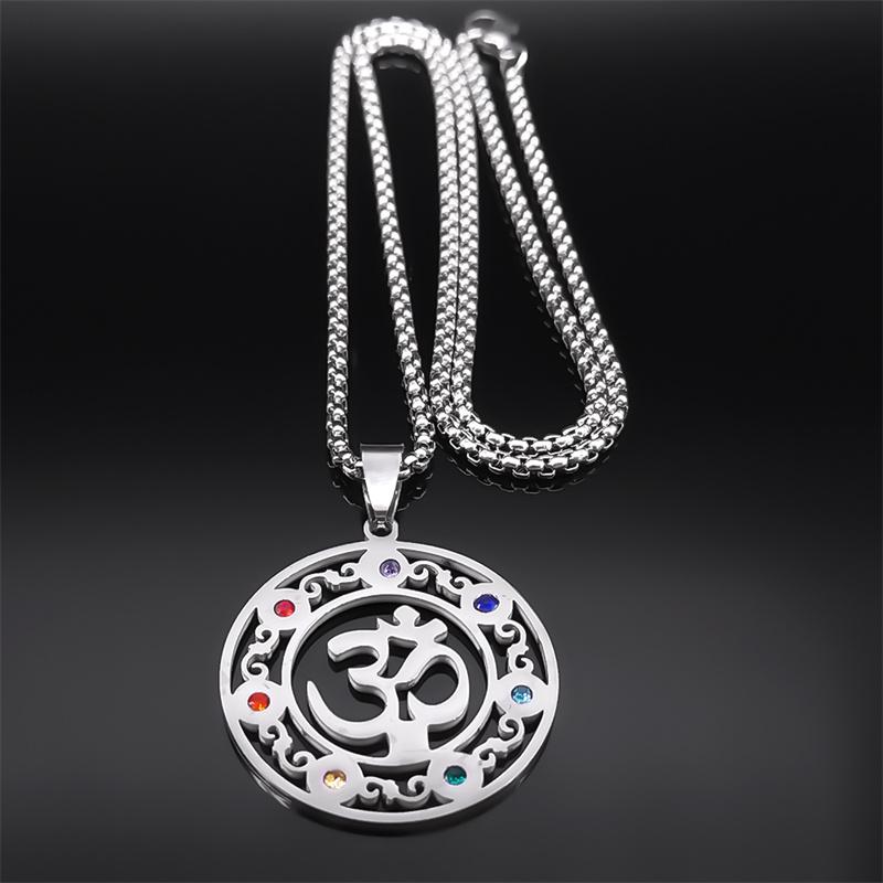 Yoga Meditation OM Symbol Necklace for Women Men Stainless Steel 7 Chakra Reiki Healing Buddhist Chain Jewelry Collier N9721S01