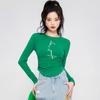 Autumn new side hollow design sweet and cool spicy girl print exposed navel long sleeved T-shirt