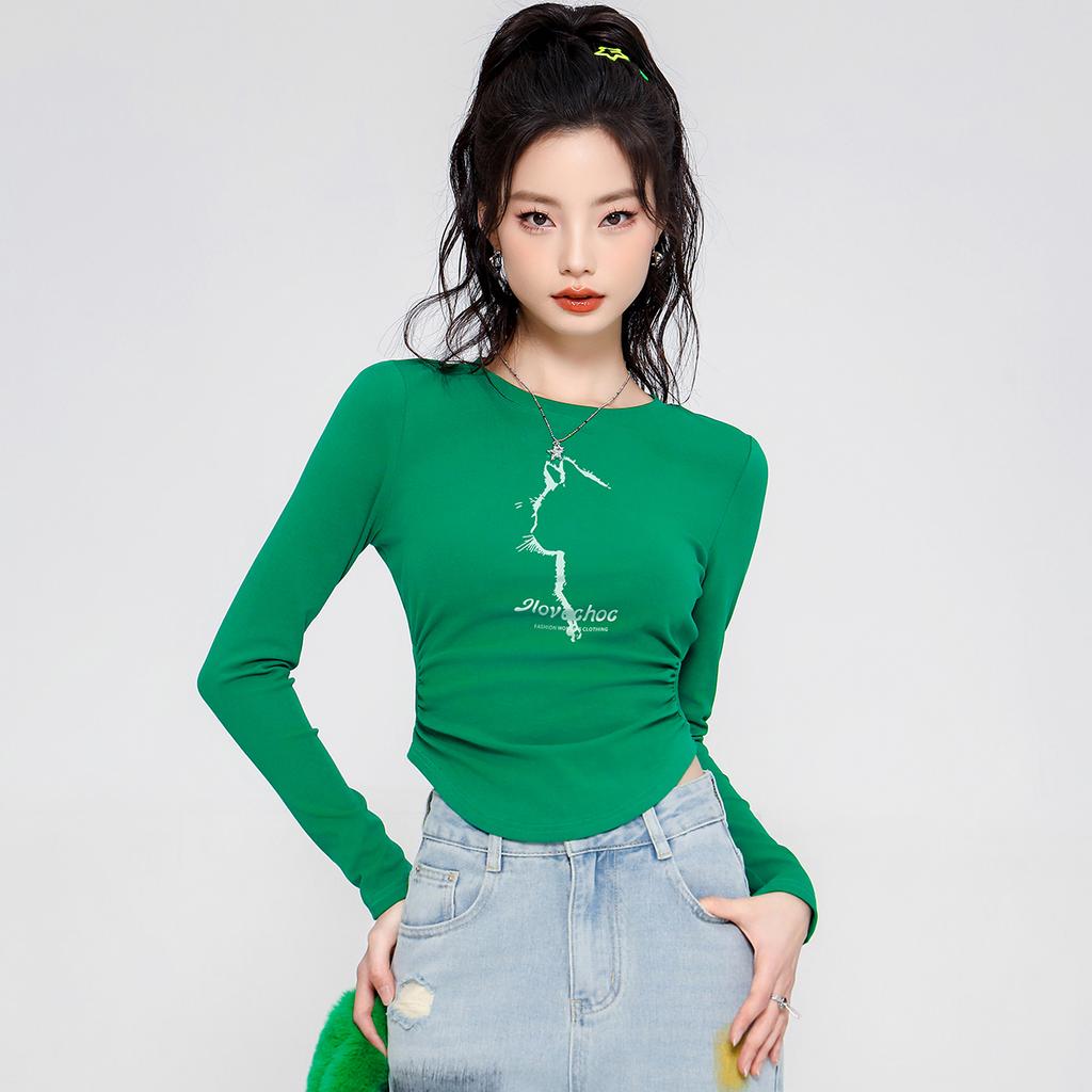 Autumn new side hollow design sweet and cool spicy girl print exposed navel long sleeved T-shirt