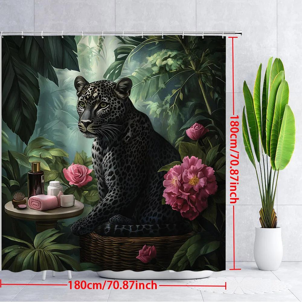 1pc Majestic Black Leopard in Wicker Basket Shower Curtain - Tropical Plants & Pink Flowers Design, Polyester Fabric Bathroom