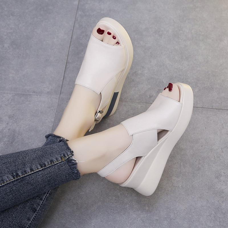 Fish Mouth Sandals Women's New Summer Korean Version Casual Back Empty One-word Buckle with Thick-soled Wedge Heel High-heeled Sandals