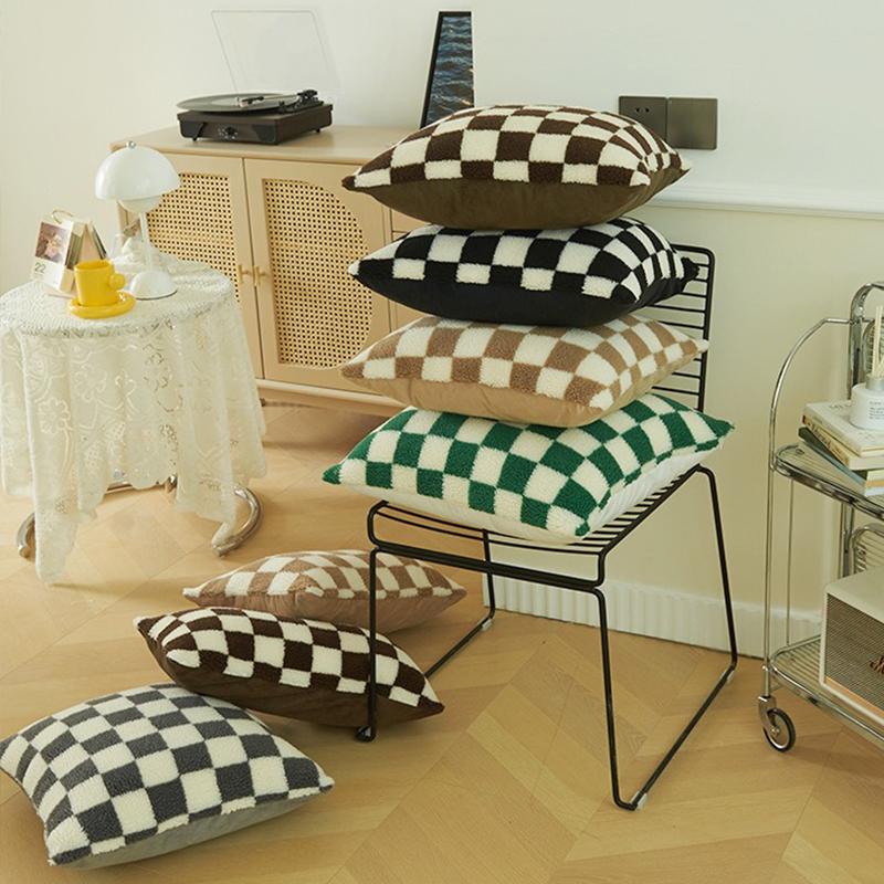Housse de coussin à damier Kaki Café Housse de coussin de luxe en fausse fourrure Laine Housse de coussin jeté pour canapé Canapé Salon Décoration de la maison