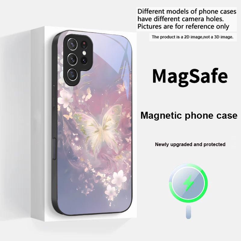 Dreamy Striped Butterfly For Magsafe Samsung S25 S25 Edge S25Ultra S8 9 10 20 S21 Pro 22 Plus S23 FE S24 Ultra Glass Phone Case
