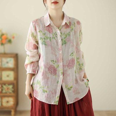 Pink Autumn Cotton Linen Cardigan Women's Loose Single Breasted Artistic Long Sleeved Shirt Blouses & Shirts