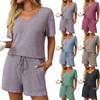 Women's Fashion Solid Colour V-Neck Short-Sleeved Shorts Home Leisure Pajamas Two-Piece Set