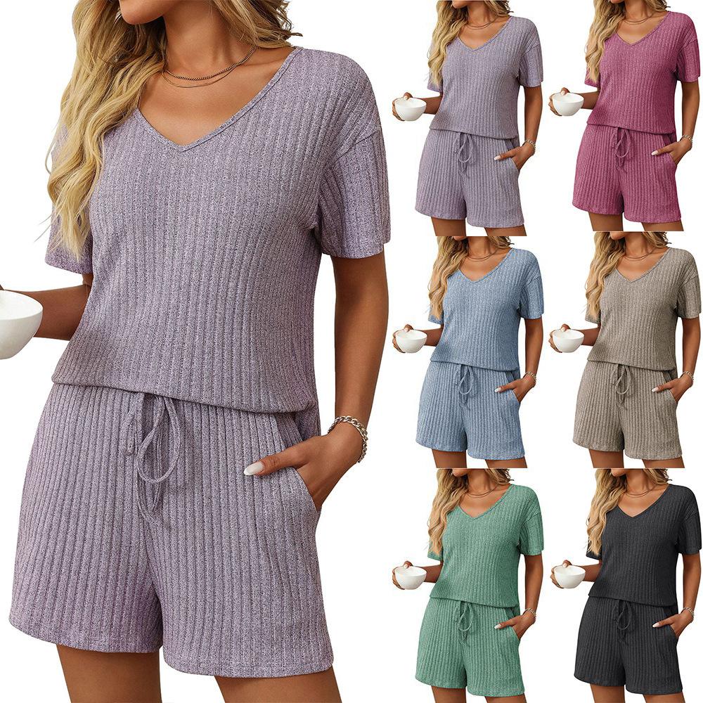 Women's Fashion Solid Colour V-Neck Short-Sleeved Shorts Home Leisure Pajamas Two-Piece Set