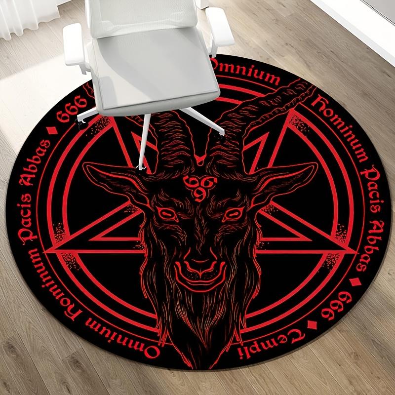 Polyester Baphomet Devil Sheep Head Circular Mat-Black&Red Design with Pentagrams,Perfect for Living Room,Bedroom,Office,or B