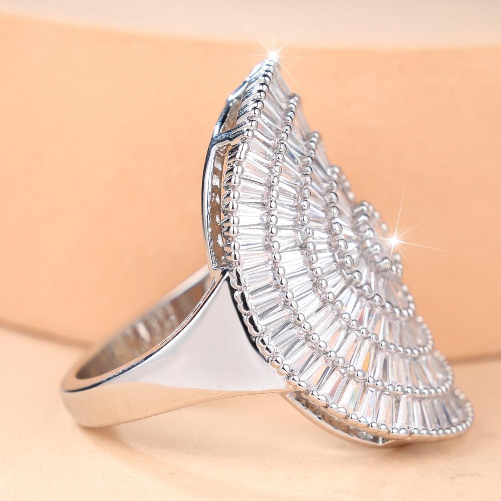 Luxurious Silver/Gold Color Huge Baguette Zircon Sunburst Cocktail Ring for Women Party