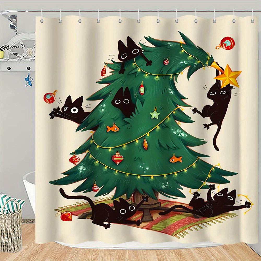 2026 Christmas Shower Curtain - Funny Cat & Dinosaur Design With Xmas Ornaments, Waterproof Polyester Bathroom Decor, 72X72In