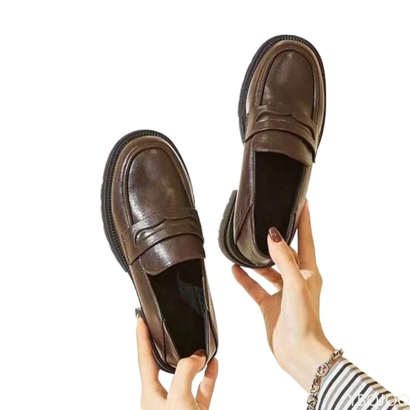 Zapatos casuales de cuero para mujer Moda Zapatos de tacón grueso de color liso Transpirables Mocasines Moda comodidad tacones altos para mujer Zapatos