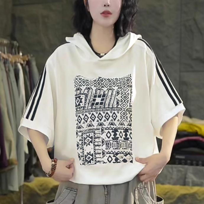 Dimanaf 2025 Letní pruhované mikina s kapucí z bavlny Dámské tričko s krátkým rukávem a potiskem písmen, volné, bílé a černé