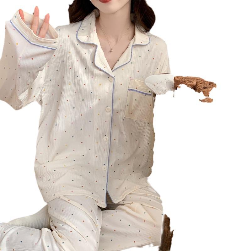 Women's 2024 Spring Polka Dot Pajama Set - Long Sleeve Cardigan and Pants In Casual Wrinkled Fabric