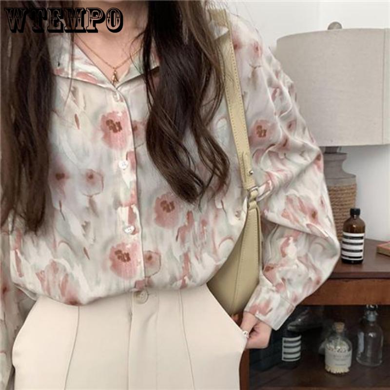 Spring and Autumn Women's Shirt Three-color Vintage Printed Chiffon Shirt Loose Lapel Oil Painting Casual Commuter Women's Top