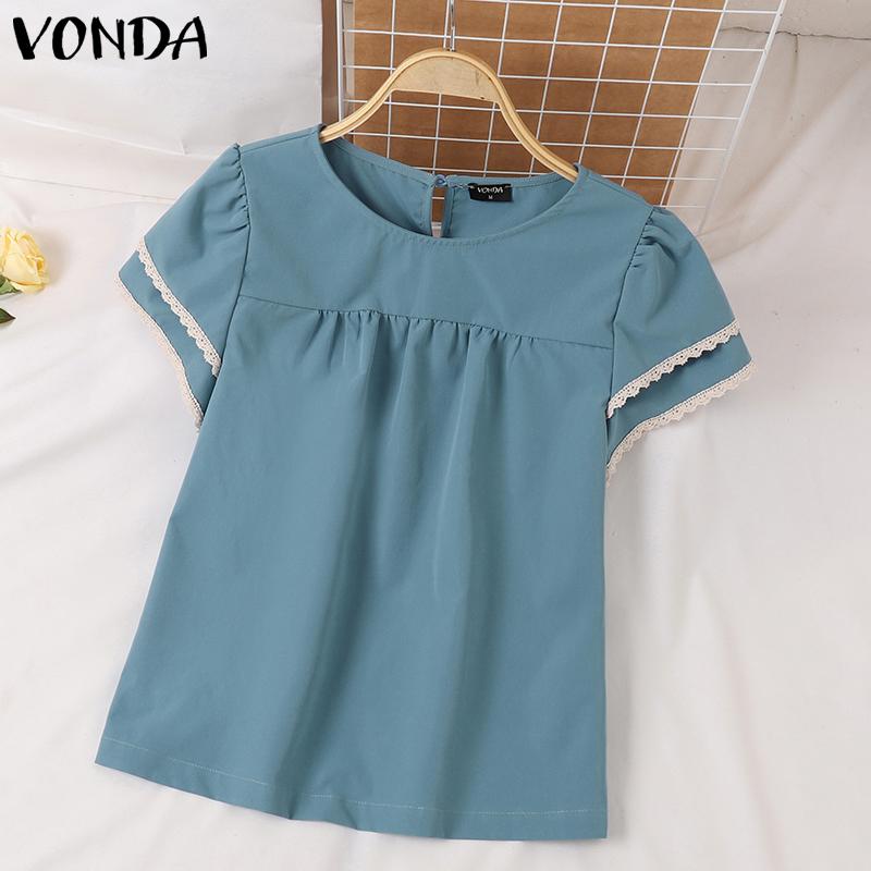 

VONDA женская летняя повседневная однотонная свободная блузка с круглым вырезом и коротким рукавом S синий