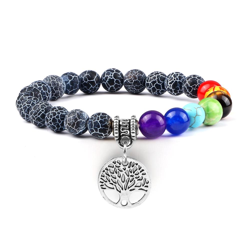 European & American Cross-Border E-commerce Creative 8mm Bead Bracelet with Volcanic Lava & Wooden Beads featuring an Alloy Tree of Life Pendant.