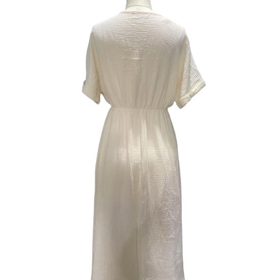 Women Dress V-neck Lace-up Short Sleeve High Waist Midi Dress Solid Color Flowy Hem Casual Dress Daily Wear