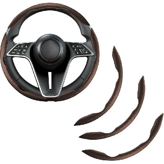Carbon Fiber Steering Wheel Cover, 3-Piece Set Anti-Skid Comfortable Grip Segmented Butterfly Design, Easy Snap-On Tallation Universal Fit 99% Cars,