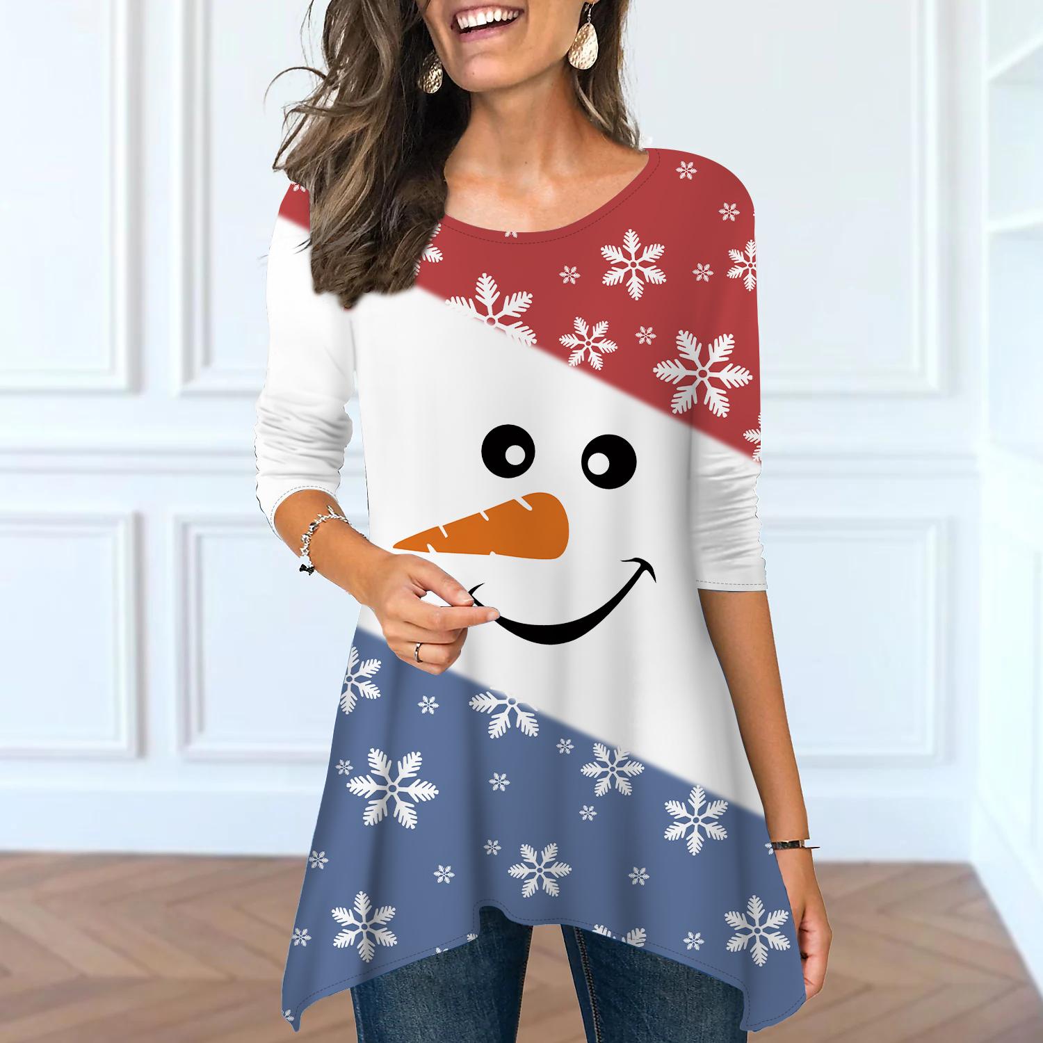 

Женские весенние топы с круглым вырезом и принтом лося и оленя, модные футболки с длинными рукавами и неровным подолом 8XL