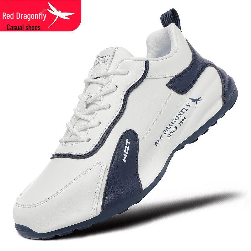 Red Dragonfly Men's Waterproof Leather Sneakers with Mesh Upper, Thick Rubber Sole, and Height Boost for Spring/Autumn Travel