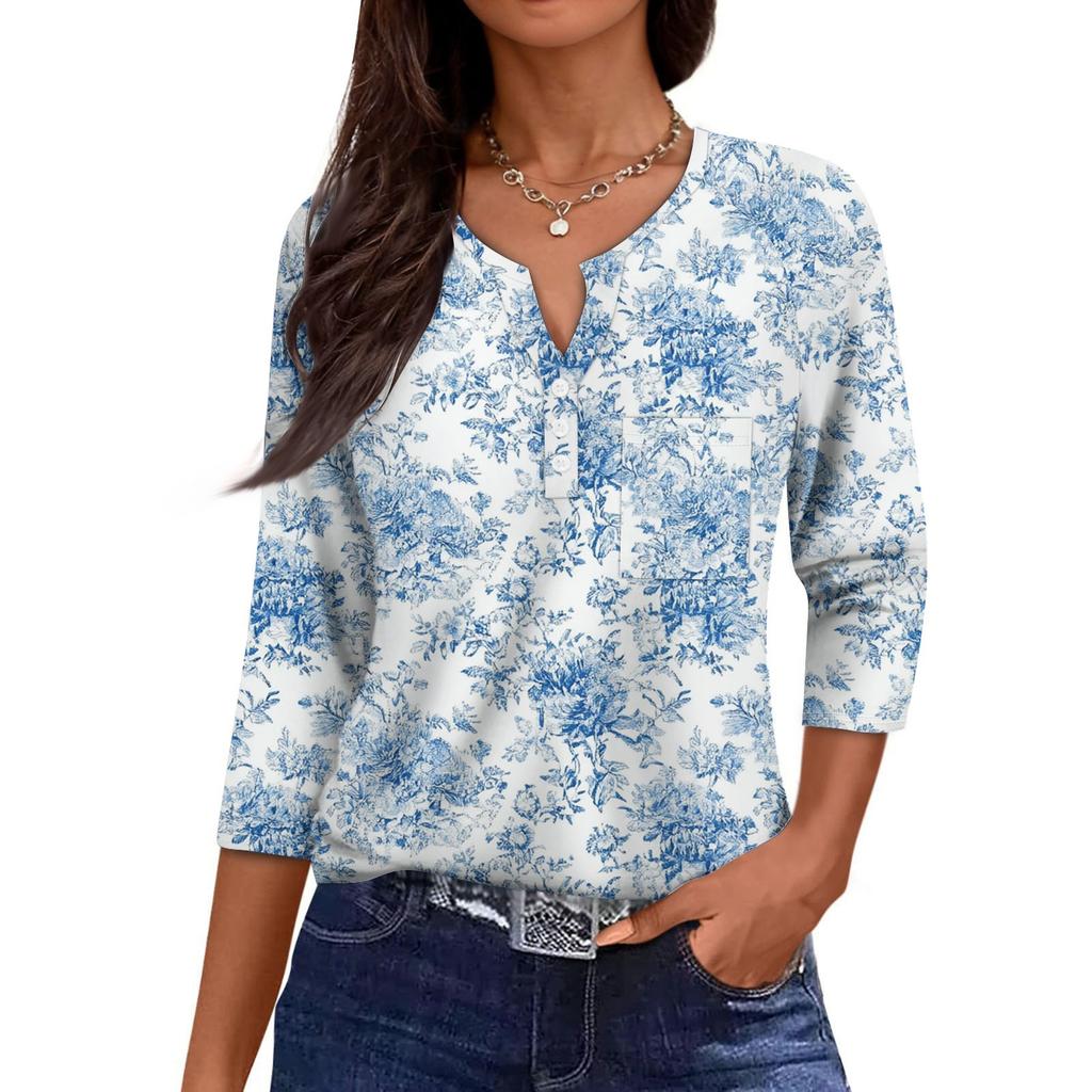 Women's Casual Fashion V-neck Loose Versatile Floral Print Three-quarter Sleeves
