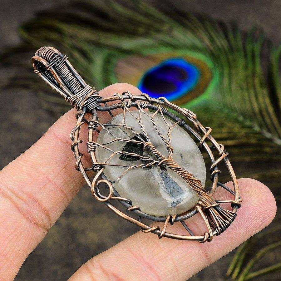 Black Rutile Gemstone Copper Wire Wrap Jewelry Pendant 2.99"