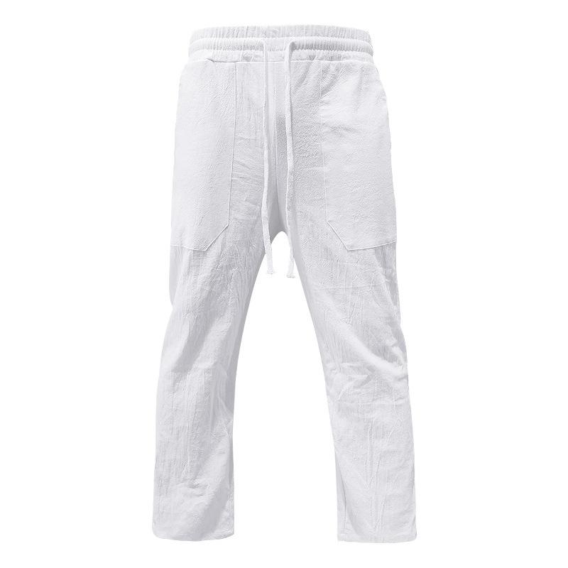Men's cotton linen plus size trousers breathable sweat solid colour trousers basic paragraph casual wide-legged trousers man