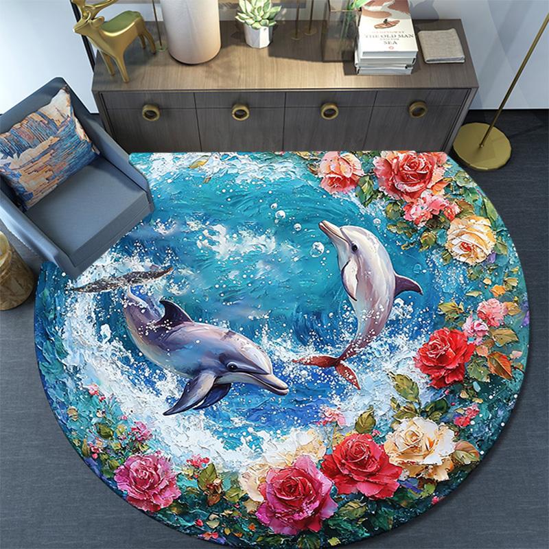 Dolphins Round Area Rug,Carpet Rug for Living Room Bedroom Sofa Playroom Decor,Non-slip Floor Mat