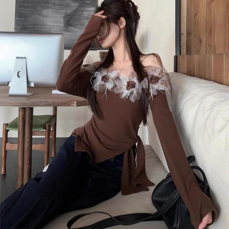 Cămașă cu un umăr, cu aplicații florale și mâneci lungi pentru femei, toamnă, slim, cu design chic de legare la spate, top elegant slim fit cu umerii goi