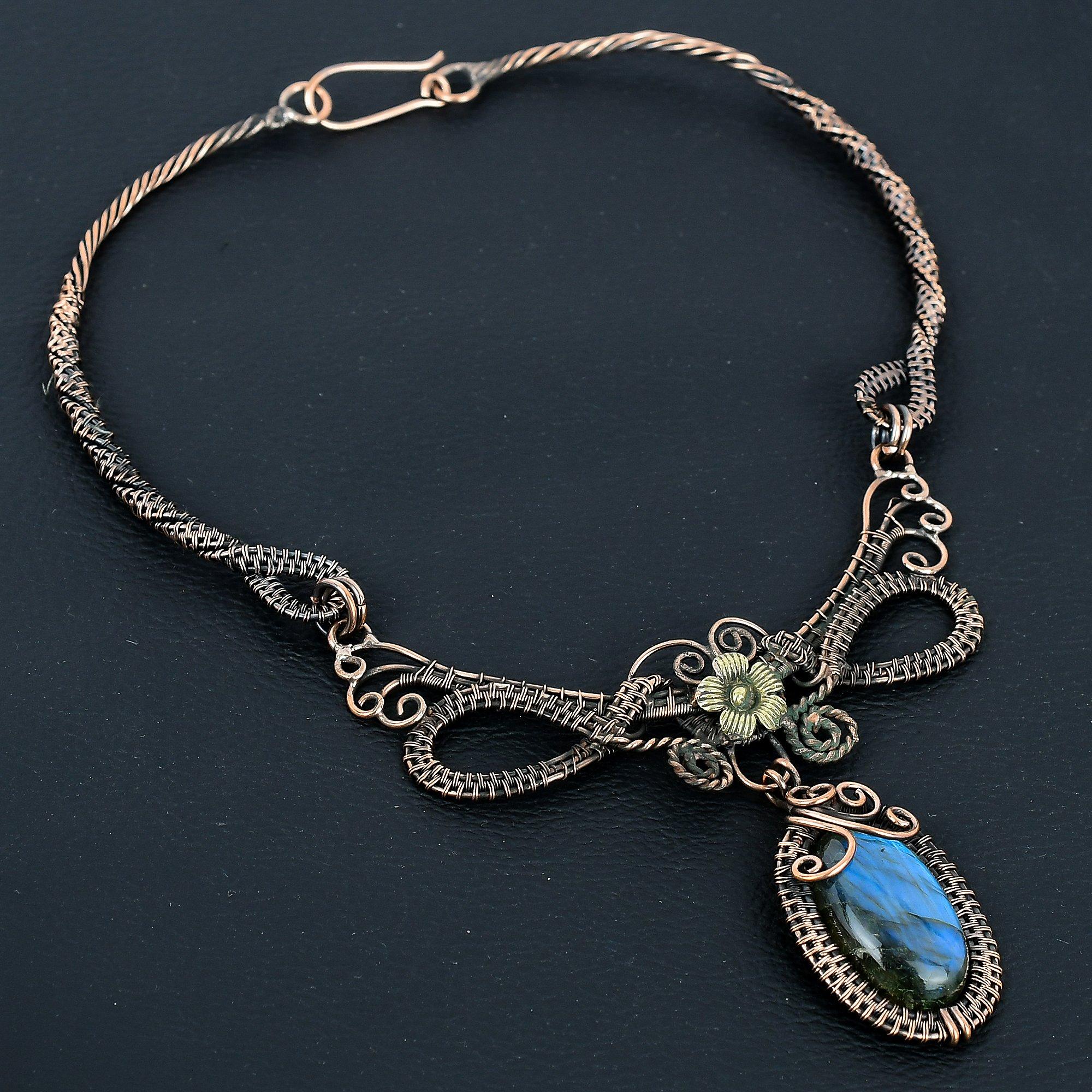 

Ожерелье из лабрадорита, украшения ручной работы, ожерелье, обернутое медной проволокой 999 пробы, дизайнерские украшения с драгоценными камнями, ожерелье с регулируемой цепочкой, подарок для мамы