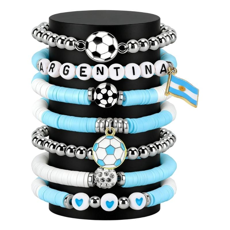 2026 Football Bracelet Set For Soccer Fan With Team Color And Football Charm Elastic Wristband