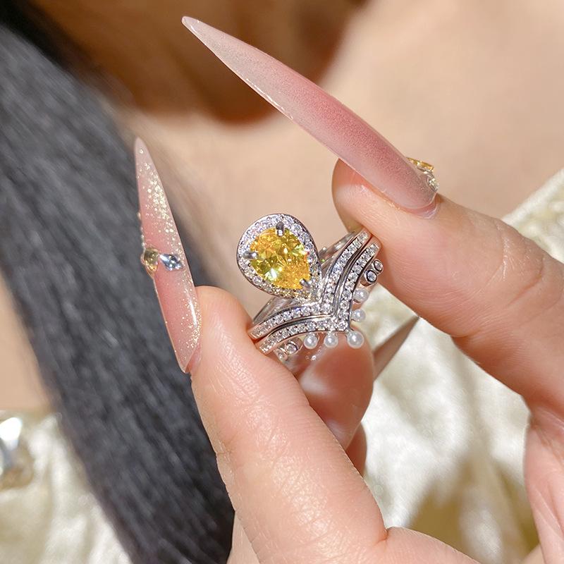 Clear Sky S925 Silver V-Crown Yellow Zircon Drop Ring: Luxury Stackable Double Layer Women's Ring